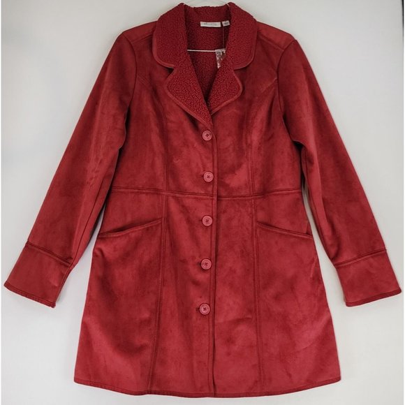 D&Co. Jackets & Blazers - D & Co Jacket Womens Medium Red Faux Suede Sherpa Lined Button Up Coat